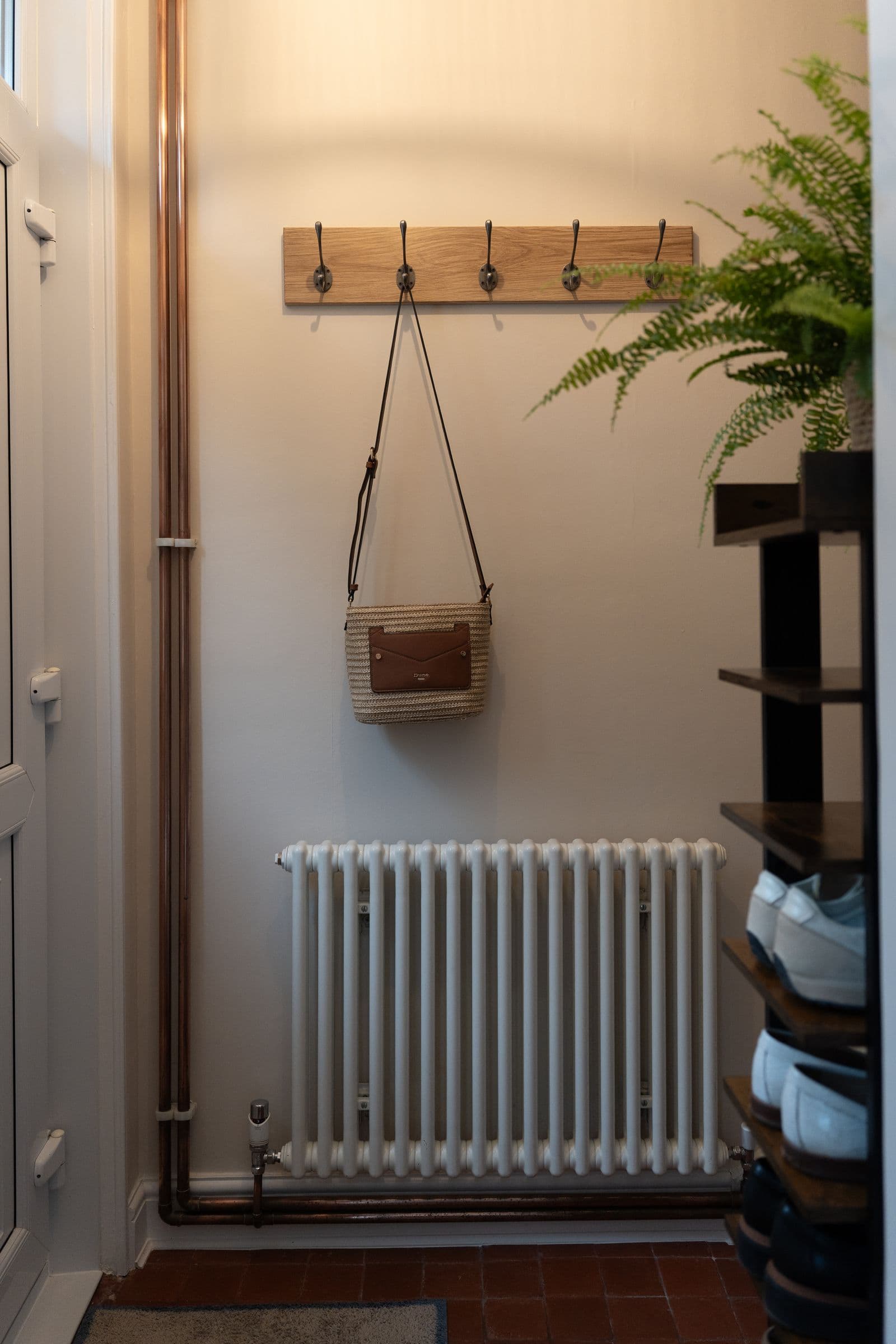 The hallway hooks, shelf and radiator by the door.