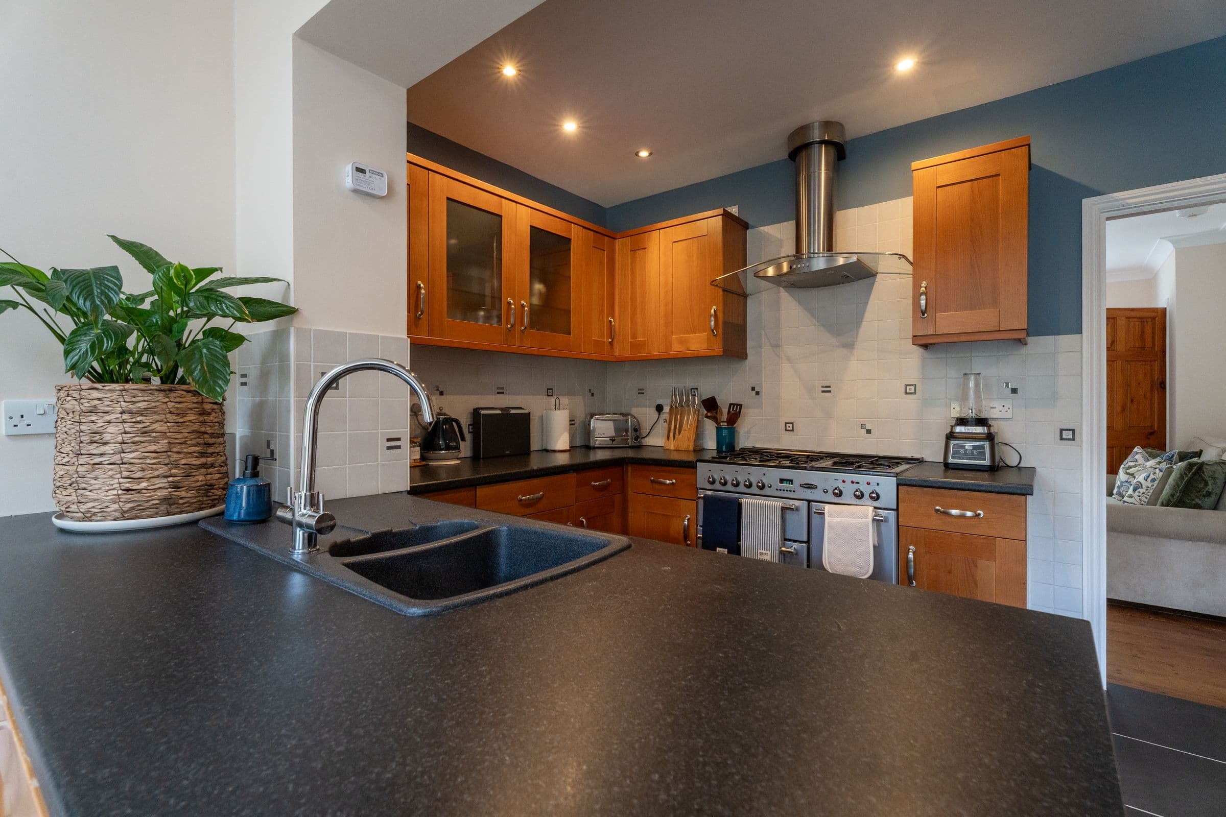 Along the kitchen worktop towards the range, with the sink in the foreground.