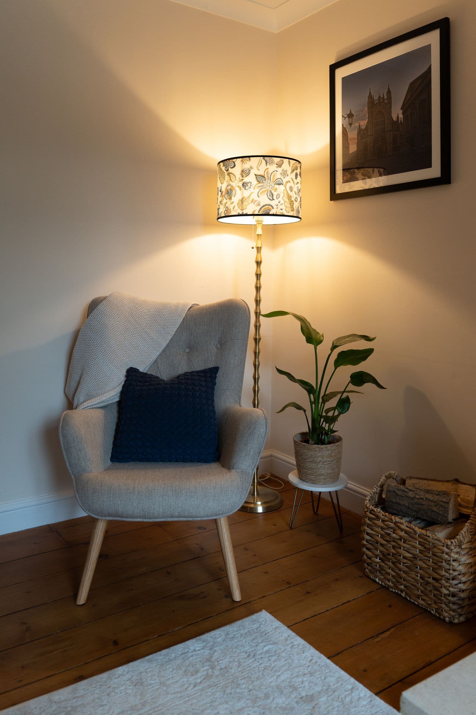 The armchair and floor lamp in the corner, with a plant alongside.